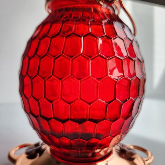Hummingbird Feeder Red Honeycomb Design Rose Gold Base Dark Red Flower Holes - Picture 4 of 9
